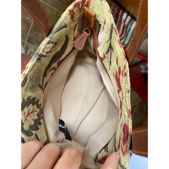 Vintage 90s Liz Claiborne Floral Tapestry Mini Tote Bag Brown Leather Heritage - Picture 4 of 6